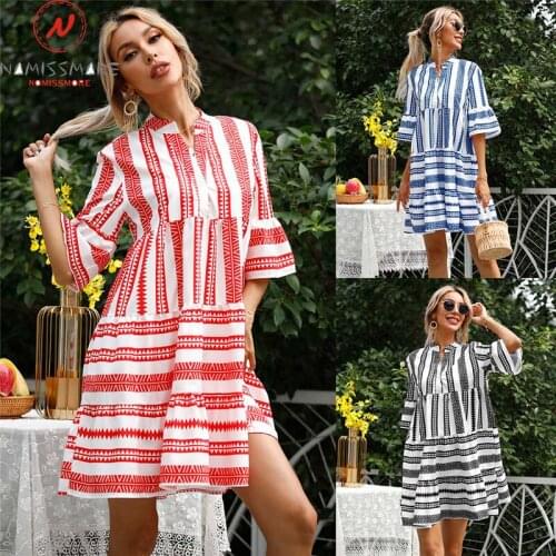 Women Summer Striped Print Dress for Streetwear Patchwork Design V-Neck Half Sleeve Mid Waist Casual Loose Pullovers Dress