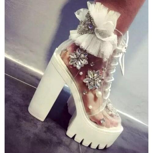 Fashion woman diamond white transparent handmade rhinestone pearl lace platform thick heel woman ankle boots platform boots lace