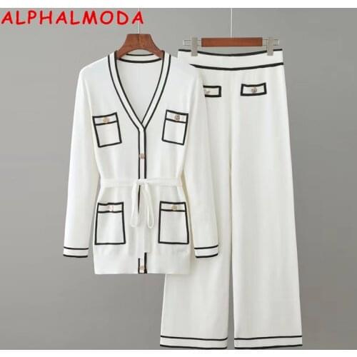 ALPHALMODA New Women Cardigan Coat + Straight Pants 2pcs Fashion Suit Autumn Winter New Style Long Cardigan Outfit + Trousers