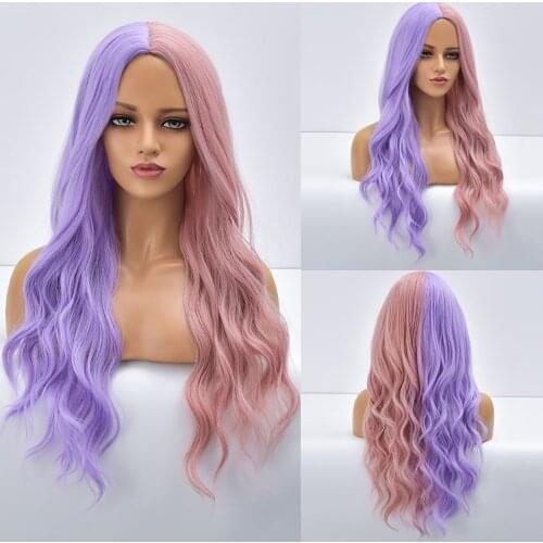 Medium-length Curly Hair Pink Purple Wave Female Wig Natural Wave Wig High Temperature Silk Headwear Hairs