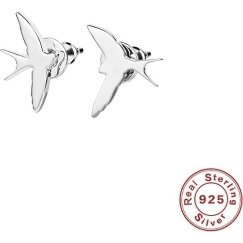 925 Sterling Silver Spring Swallow Asymmetry Stud Earrings For Women Lovely Small Flying Bird Animal Cocktail Party Ear Jewelry
