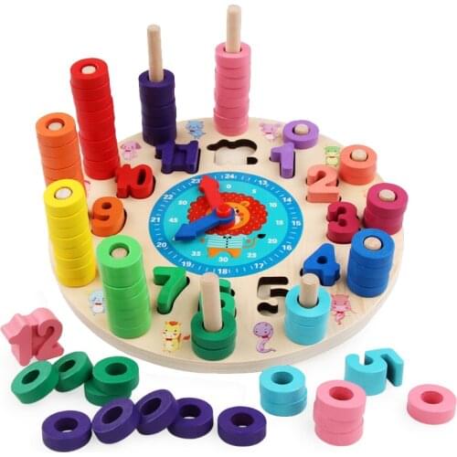 Baby Early Education Montessori Digital Count Geometry Shape Matching Education Wooden Clock Toy Teaching Aids Math Toy Kid Gift