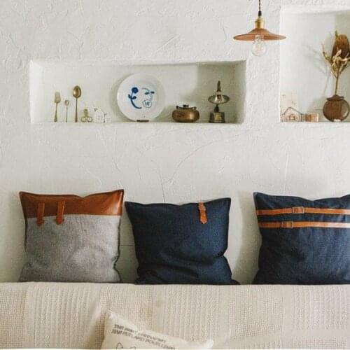 Pure Cotton Denim Cushion Cover Splice Leather Fashion Design Hippie Throw Pillow Cover Sofa Chair Home Decoration Pillows