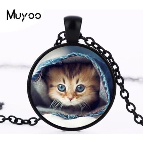 Cute Cat Glass Cabochon Statement Necklace 2016 Personality Animal Round Pendant Round Necklaces Choker jewelry Girl Gift HZ1