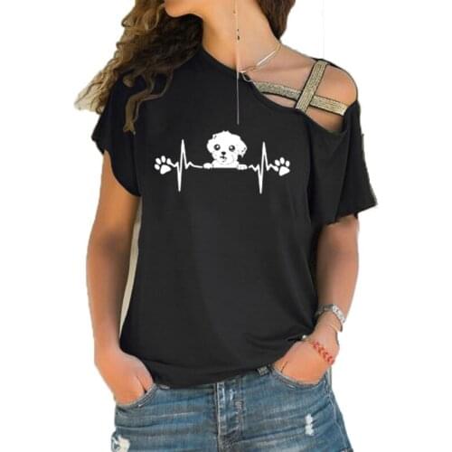 Cute Maltese Dog Print Women Short Sleeve T Shirt Casual Tshirt For Girls Ladies Heartbeat Irregular Skew Cross Bandage Tops Tee
