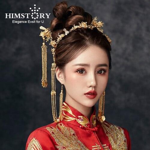 HIMSTORY New Chinese Wedding Hair Tiaras Hairpins Gold Small House Long Leaf Tassel Wedding Bride Hair Accessories