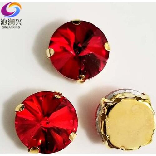 Red round shape golden bottom AAA Glass Crystal sew on claw rhinestones with holes,Diy Clothing accessories 8mm/10mm/12mm/14mm