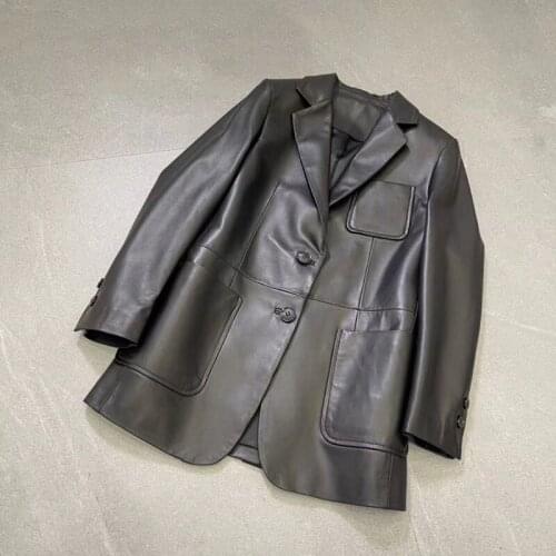 Spring Coat Women Long Length 2021 New Arrival High Quality Import Genuine Leather Jacket Female Suit Style Turn-Down Collar