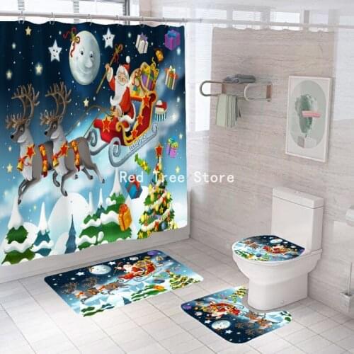 Hot Christmas Bathroom Shower Curtain Mat Set Non Slip Rugs Carpet for Toilet Kitchen Accessories Digital Printing Decor Cover