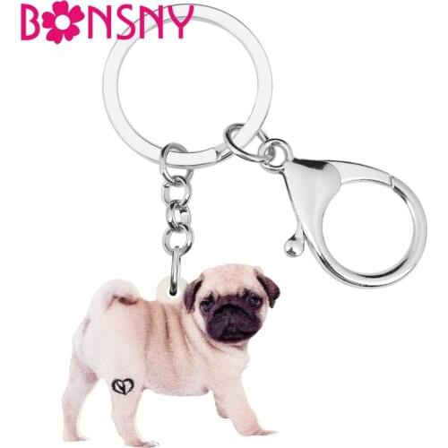 Bonsny Acrylic Cute Pug Dog Keychains Pet Animal Keyring Jewelry For Women Kids Girls Trendy Birthday Gift Charms Bag Decoration