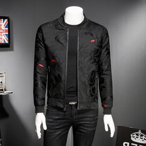 Puff Jacquard Black Spring Autumn Casual Coat Flower Slim Fit Pattern Bomber Jacket Men 5xl