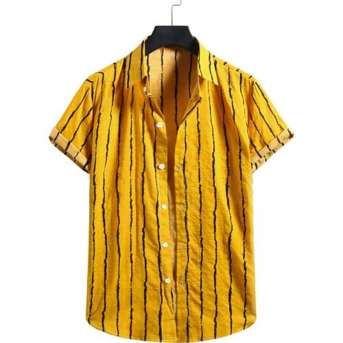 Casual Summer Stripe Printed Cotton Shirt Men Comfy Short Sleeve Lapels Blouses Basic Single Breasted Cardigan Vacation Camicias