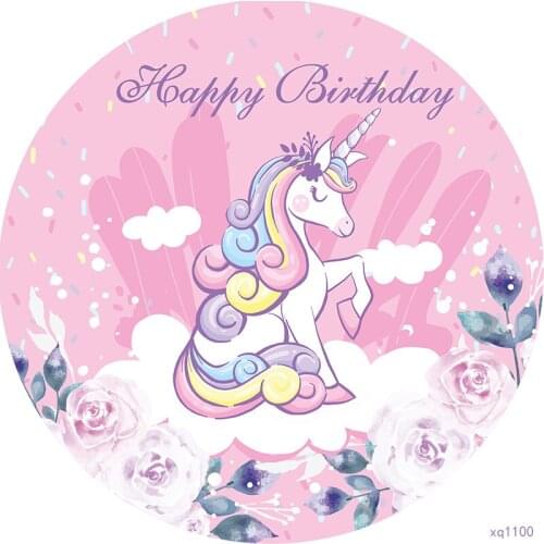Sensfun Unicorn Happy Birthday Party Round Backdrop Newborn Children Portrait Purple Flowers Baby Shower Photography Background