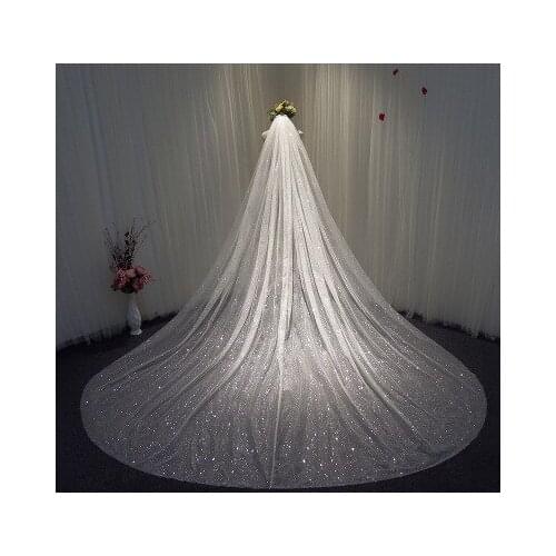 Bling Bling Bridal Veils Sparkly White Champagne Long Cathedral Sequined Wedding Veil With Comb 3X3.5Meters 1Layer velo de novia