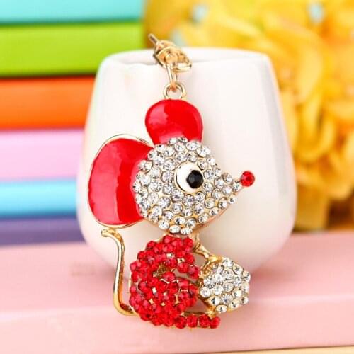 Lovely Blue Pink Rat Mouse Keychain Rhinestone Crystal Ball Pendant Charm Handbag Purse Bag Car Jewelry Party Birthday Gift