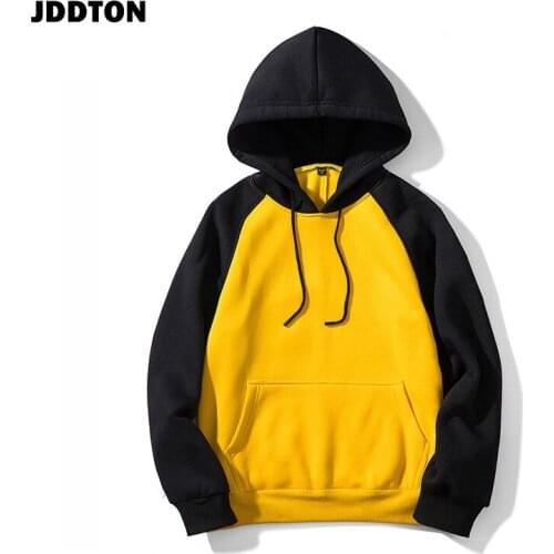 JDDTON Mens Fleece Hoodies Fashion Brand Casual Hood Splice Sweatshirts Hip Hop Solid Color Streetwear Male European Size JE358