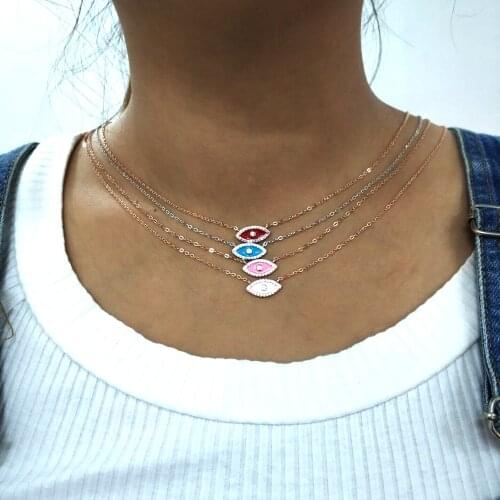 Collar mujer moda 100% 925 silver Rose Gold BLUE\RED\white Enamel evil Eye Necklace For womens sterling silver pink jewelry 2019