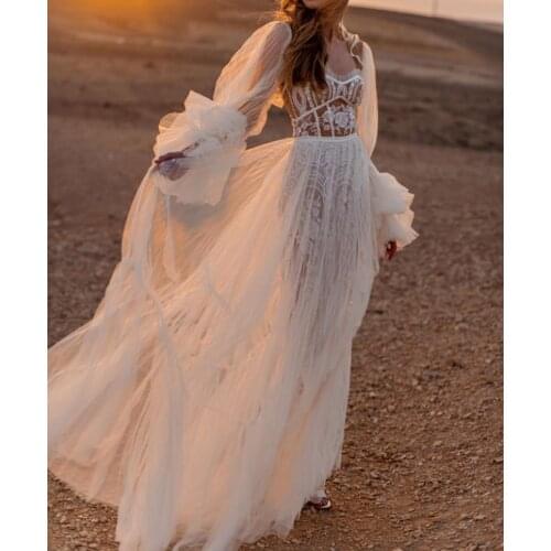 SSYFashion New Romantic Lolita Evening Dress Ivory Long Lantern Sleeve Lace Appliques Prom Formal Gown Custom Vestido De Noche