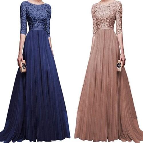 Womens Vintage 3/4 Sleeve Multicolor Floral Lace Hollow Out Chiffon Long Evening Party Dress Formal Ankle Length Maxi Dress