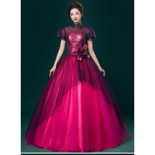 100% real hot pink black lace bubble sleeve beading medieval dress Renaissance ball gown princess Victorian/Marie Antoinette