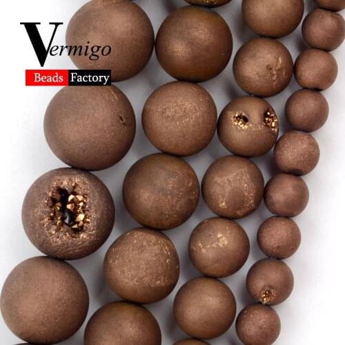 Natural Brown Metallic Coated Drusy Agates Stone Round Beads for Jewelry Making 6mm-12mm Beads Diy Bracelet Necklace Accessories