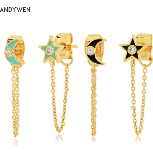 ANDYWEN 925 Sterling Silver Gold Rock Punk Black Turquoise Star Moon Chain Stud Earring Piercing Clips Women Fashion Jewelry
