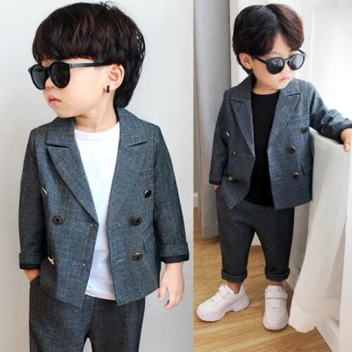 Flower Boys Formal Dress Suit Set Autumn Children Plaid Two Buttons Blazer Pants 2Pcs Clothes Set Kids Wedding Party Costume
