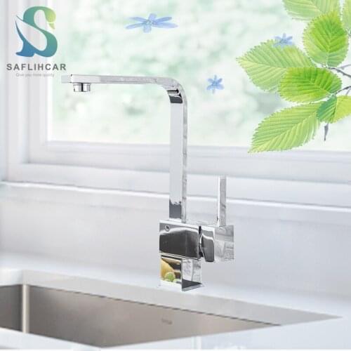 Chrome Kitchen Sink Faucet Contemporary Square Faucet 360 Degree Rotation Deck Installation Hot and Cold Water Mixer Taps