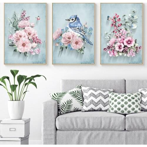 SURE LIFE Nordic Pink Peony Flower Bird Wall Art Canvas 3 Piece Paintings Pictures Poster Prints For Living Room Home Decoration