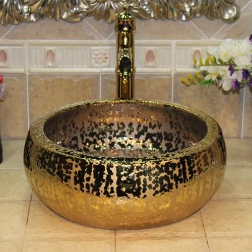 Handmade Europe Style Lavobo Ceramic Bathroom Luxurious Artistic Countertop vanity golden ceramic wash basin Bathroom Sink