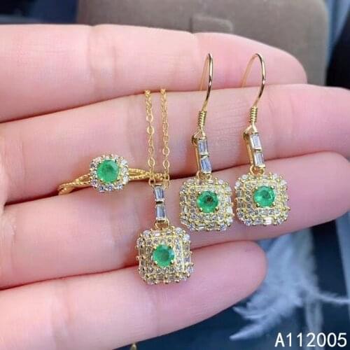 KJJEAXCMY Fine Jewelry 925 sterling silver inlaid natural gemstone emerald ring pendant earring set popular supports test