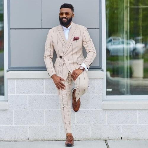 Khaki Vertical Strip Mens Suit Peaked Lapel Blazers Male Tuxedos Belt Button Groom Wear Two Pieces Prom Jackets And Pants