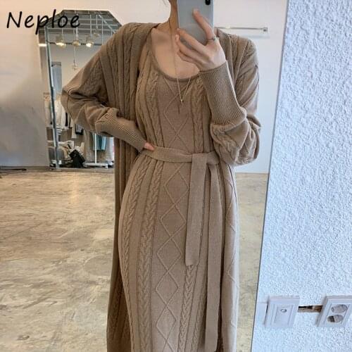 Neploe 2021 Autumn New Twist Patchwork Dress Chic Long Knitted Sweater Dresses Solid Color Sexy Camis Split Femme Vestidos