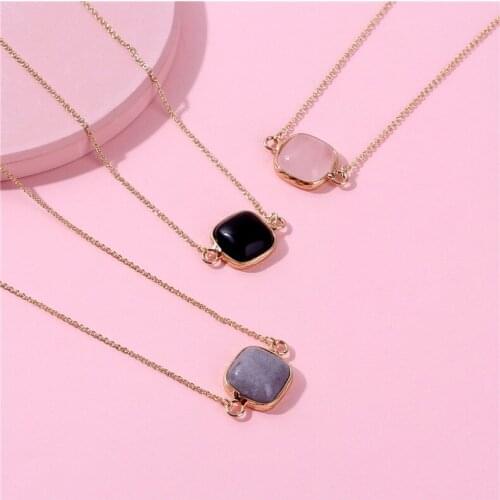 Druzy Simple Natural Crystal Stone Square Pendant Short Necklace Pink Grey Color Square Crystal Stone Pendant Necklace