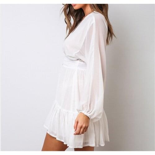 Sexy Deep V Neck Womens Summer Dress White Lace Long Sleeve Mini Wedding Party Gown Ruffle Elegant Clothes