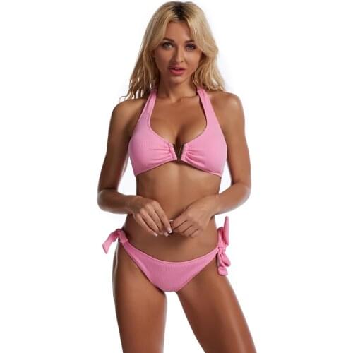 WTCandy 2021 New Solid Pink Yellow Blue White Black Bikini V Metal tie Knot Swimsuit Women Ribbed Beach Swimsuit Bathing Suit