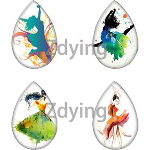 Zdying 10pcs Dancing Lady Girls Watercolor Water Drop Teardrop Shape Glass Cabochon Photo For Base Tray DIY Jewelry Findings