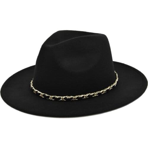 Women Top Hat Costume Fedora Man Chain Retro Vintage Felt Wide Brim Jazz Hat Unisex Wool Cap Wedding Hat Femme Party Flat Eaves