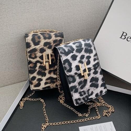 LLeopard print mobile phone bag lock texture chain portable female bag casual fashion one-shoulder messenger small square bag