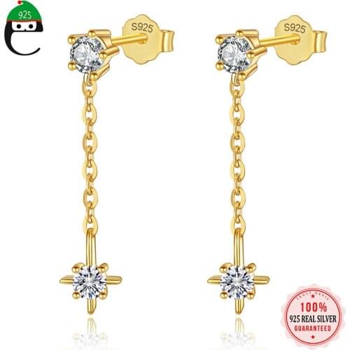 ElfoPlataSi Real 925 Sterling Silver 14K Gold Plated Star Tassel Chain Earrings Women Long Earrings Fashion Party Jewelry L013