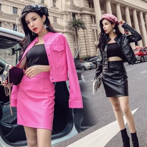 2 Pieces sexy skirt leather Sets women ladies PU Leather jacket and skirt Feminina Buttons long sleeve coat high waist skirt