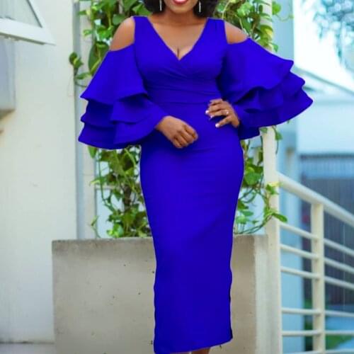 Elegant Dress for Ladies Evening Party Solid V Neck Cold Shoulder Flare Sleeve Bodycon 2021 Autumn New Temperament Commute Dress