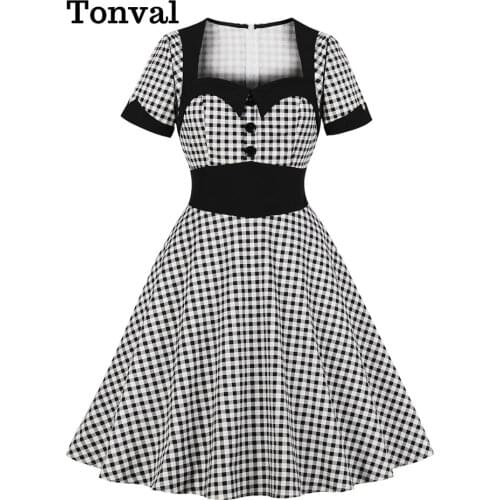 Tonval Rockabilly 50s Gingham Sweetheart Neck Women Retro Dress Button Front 95% Cotton Vintage High Waist Plaid Dresses