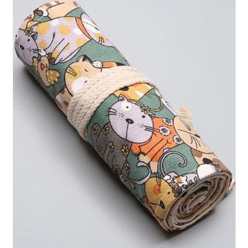 2021 New Cartoon Cat 12/24/36/48/72 Holes Canvas Roll Pen Curtain Pencil Bag Case Makeup