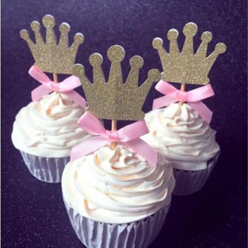 3 pcs/pack Prince Party Decorations Gold & Siliver Bow Crown Cupcake Toppers Picks Boys Baby Shower Party Cake Accessory Favor