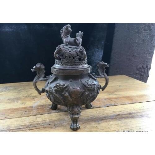 9''copper sculpture carved dragon figure lion foo fu dog buddhism incense burner
