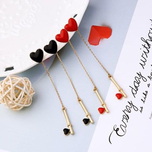 BALANBIU Unique Black&Red Enamel Little Heart Key Drop Earrings For Women Gifts Gold Color Long Chain Dangle Earrings Accessory