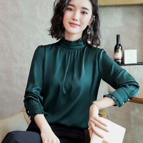 Fall Spring Office Lady Womens Green White Black Lantern Long Sleeve Stand Collar Blouse Shirt , Korean Style Women 4xl Blouses