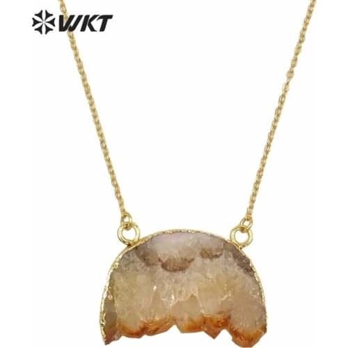 WT-N192!Double loops yellow druzy at gate necklace with gold trim on edged
