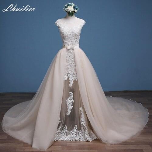 Lhuilier Elegant Mermaid Tulle Wedding Dresses 2020 Scoop Neck Sleeveless Floor Length Bridal Dress with Detachable Train